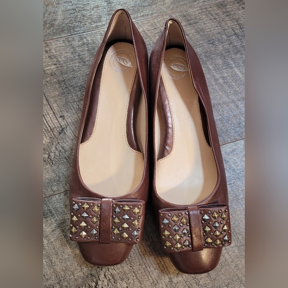 Nurture Brown Leather Studded Bow Flats